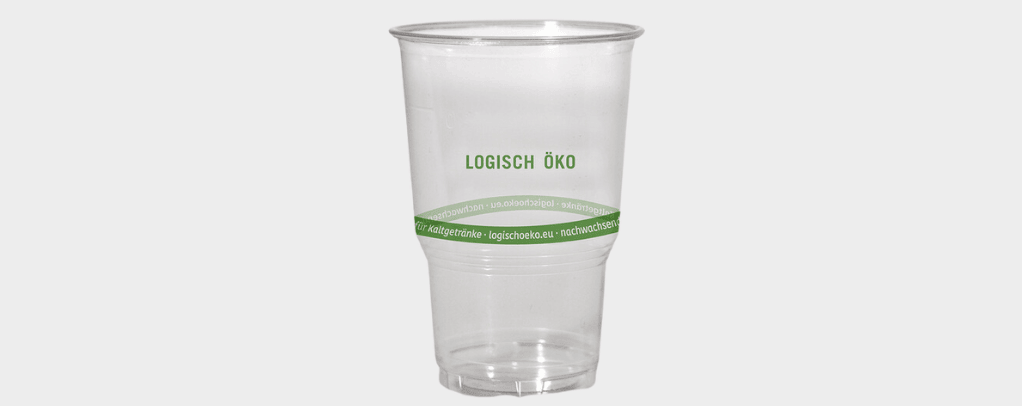 Kaltgetränkebecher PLA "LOGISCH ÖKO" mit Eichstrich und Schaumrand transparent